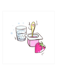 Yogurt drawing, spoon, heart, strawberry, water glass, children