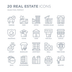 Collection of 20 Real estate linear icons such as Parking, Park, , Skyscrapper, Sold, Mansion, For sale, Apartment, Deposit line icons with thin line stroke, vector illustration of trendy icon set.