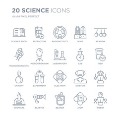 Collection of 20 Science linear icons such as book, Refraction, Beaker, Blaster, Chemical, Newton, Lab, Electron line icons with thin line stroke, vector illustration of trendy icon set.