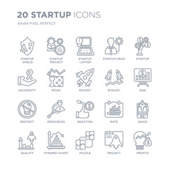 Collection of 20 Startup linear icons such as startup Shield, Project Search, Puzzle, Pyramid chart, Quality,  line icons with thin line stroke, vector illustration of trendy icon set.
