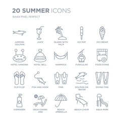 Collection of 20 Summer linear icons such as Jumping Dolphin, Juice, Beach umbrella, Deck chairs and sun, Dispenser, Ice cream line icons with thin line stroke, vector illustration of trendy icon set.