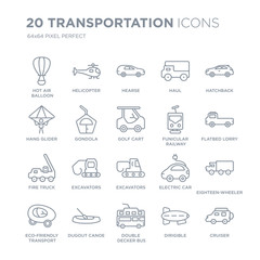 Collection of 20 Transportation linear icons such as Hot air balloon, Helicopter, Double decker bus, dugout canoe line icons with thin line stroke, vector illustration of trendy icon set.