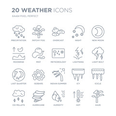 Collection of 20 Weather linear icons such as precipitation, patchy fog, Humidity, Hurricane, ice pellets, New moon, Lightning line icons with thin line stroke, vector illustration of trendy icon set. - obrazy, fototapety, plakaty