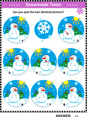 Fototapeta premium Winter, Christmas or New Year themed visual puzzle with snowmen: Can you spot the two identical pictures? Answer included. 