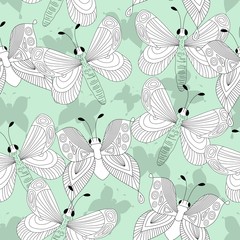 Hand drawn butterfly, line art repeat seamless vector patter. 