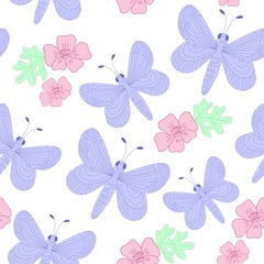 Hand drawn butterfly and flowers, cute spring and summer repeat seamless vector pattern, white background.