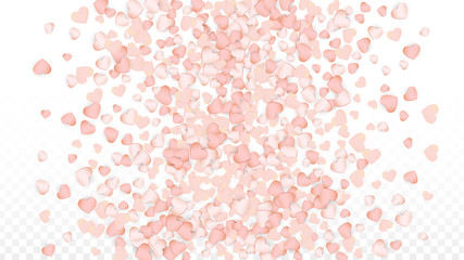 Love Hearts Confetti Falling Background. St. Valentine's Day pattern Romantic Scattered Hearts. Vector Illustration for Cards, Banners, Posters, Flyers for Wedding, Anniversary, Birthday Party, Sales.