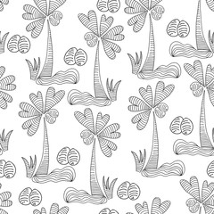 Funny palm tree with heart shaped leaves and coconuts, black and white line art seamless vector pattern.