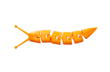 Bright light yellow object in shape of caterpillar toy printed on 3d printer isolated on white background. Fused deposition modeling FDM. Concept modern progressive additive technology for 3d printing