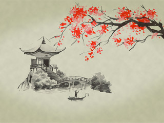 Japan traditional sumi-e painting. Fuji mountain, sakura, sunset. Japan sun. Indian ink illustration. Japanese picture.