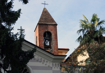 Abete palma e siepe con chiesa e campanile