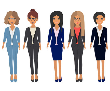 Women in elegant office clothes. Beautiful women in office clothes. Beautiful young woman with different hairstyles. Brunette, blonde, light brown and chestnut hair. Vector illustration