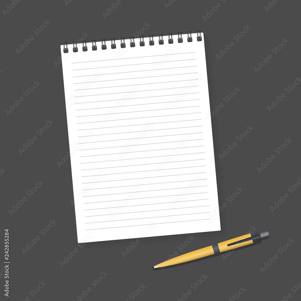 Fototapete notebook and pen. blank realistic mockup spiral notepad notebook and pen