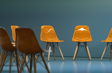 circle of modern design chairs with one odd one out. Job opportunity. Business leadership....