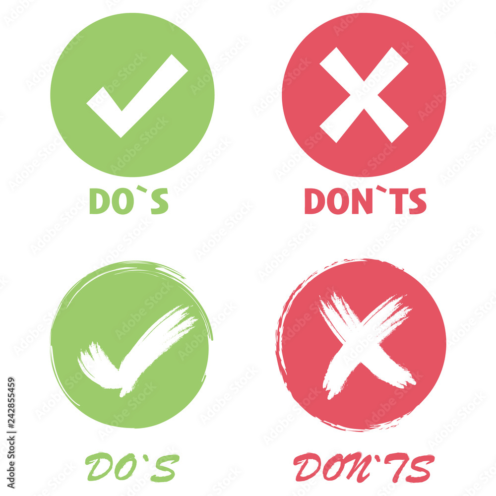 Poster Dos and Donts. Check marks ui button with dos and donts. True or false. Set Check mark with cross flat design