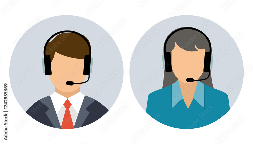 Poster operator of call center and customer service. male and female call center avatar icons with a facele