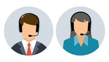 Operator of call center and Customer service. Male and female call center avatar icons with a faceless man and woman.Call center operators, female and male avatar icons