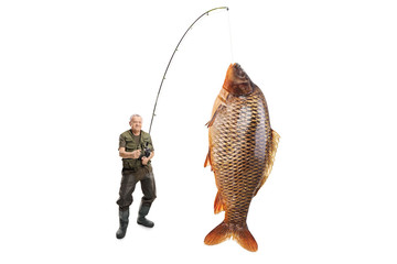 Mature fisherman with a carp fish on a fishing rod