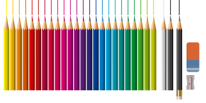 Des fournitures artistiques avec des crayons de couleur alignés suivant un dégradé coloré ainsi qu’un taille crayon et une gomme.