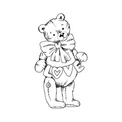 Teddy bear toy with flags heart and big bow coloring book vector illustration. Love inscription. Valentines Day Concept. Love concept. Hand drawn illustration for kids design, birthday party