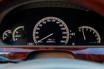 Close-up of a dashboard with elements of a tree in a car's design with a tachometer and speedometer...