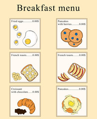 Breakfast menu design. Vector cartoon illustration. Perfect for menu design.