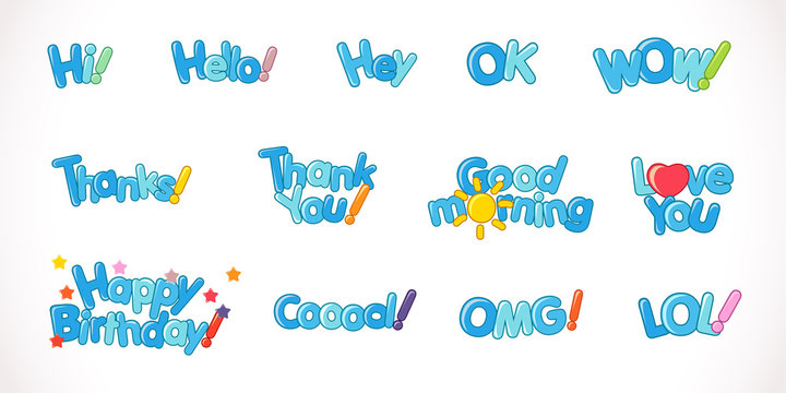 Set of phrase emoji vector web icons. Abstract graphic design word template. Isolated greetings with collection of decorative blue volume alphabet letters with 3 d effect font on white background.