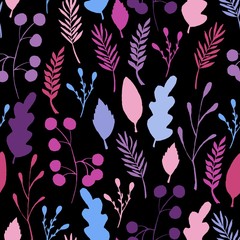 Wild forest leaves seamless pattern. Blue branch berry Illustration.