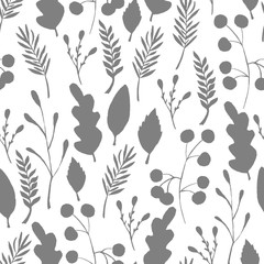 Wild forest leaves seamless pattern. Silhouette branch berry Illustration.