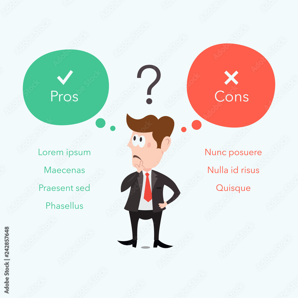 Poster businessman thinks about pros and cons. easy to use for your website or presentation with place for 