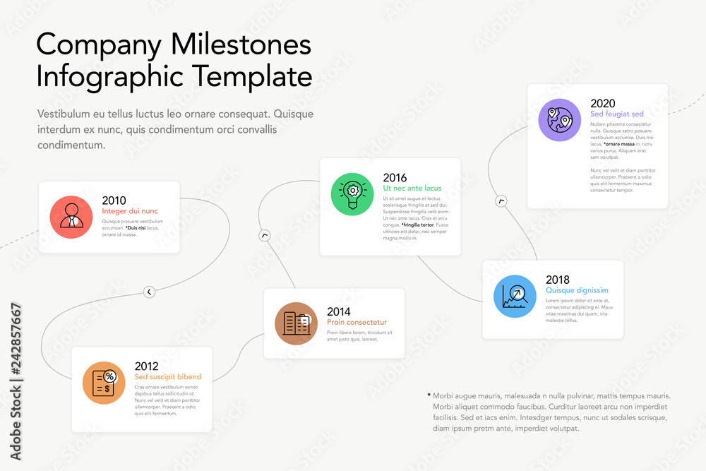 Poster modern infographic for company milestones timeline with icons, notes and place for your content. eas