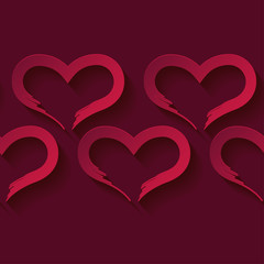 Decorative 3D red hearts on red background with shadow. Seamless pattern. Valentine's day. Vector illustration. Can be used for wallpaper, textile, invitation card, web page background.