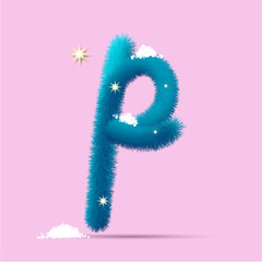 Fototapeta premium Fluffy 3D winter letters for advertising, posters, postcards and website design.Christmas fluffy and shaggy letter P. Fur blue letter P. Children's fluffy letter on the snow.