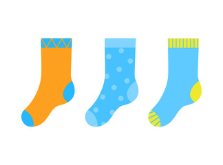 RVB de base. Vector illustration of set of kid colorful socks. Doted and striped blue and orange socks for boy.