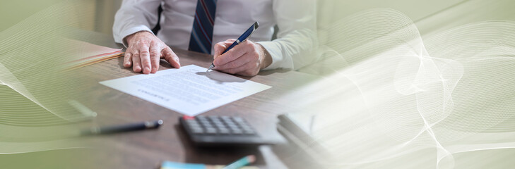 Businessman signing a document. panoramic banner