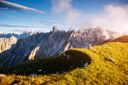 Stunning image of alpine rocky ridge. Location National Park Tre Cime di Lavaredo.