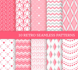 Ten different seamless patterns. Romantic pink backgrounds for Valentine's or wedding day. Endless texture for wallpaper, web page, wrapping paper and etc. Retro love style. Wave, argyle, curl, heart