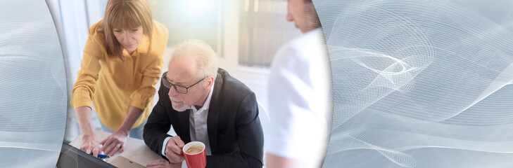 Business people working together, light effect. panoramic banner