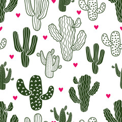 Cute cactuses and hearts. Hand drawn seamless pattern, perfect for fabric, wallpaper.