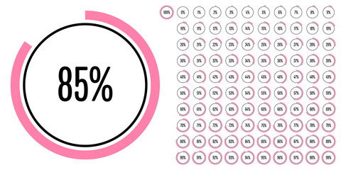 Set of circle percentage diagrams (meters) from 0 to 100 ready-to-use for web design, user interface (UI) or infographic - indicator with pink