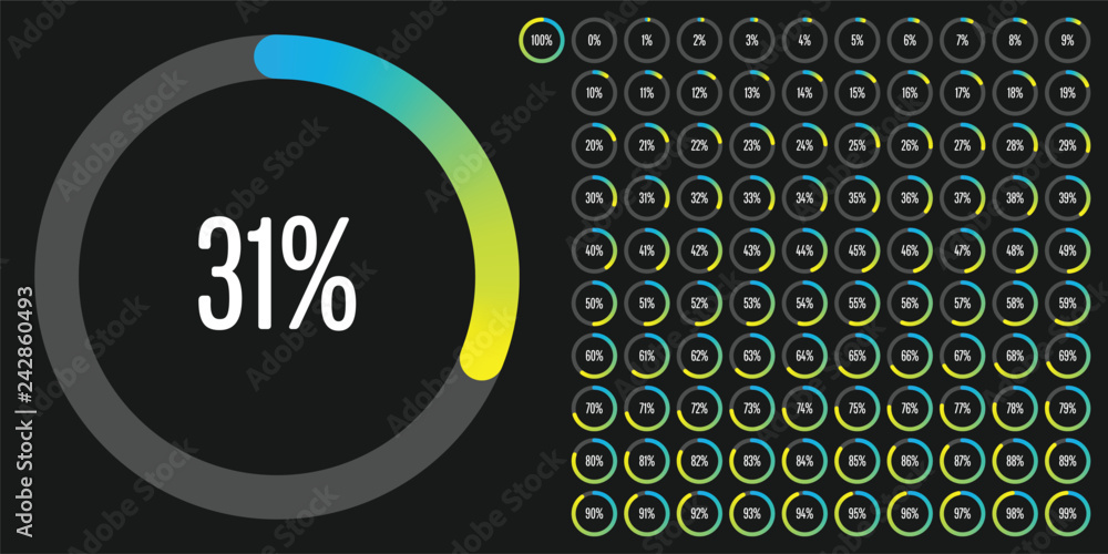 Poster set of circle percentage diagrams (meters) from 0 to 100 ready-to-use for web design, user interface