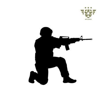 Black silhouette of sitting american soldier. USA army. Military man with weapon. Isolated warrior image