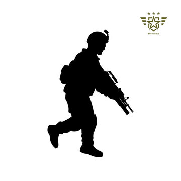 Black silhouette of running american soldier. USA army. Military man with weapon. Isolated warrior image