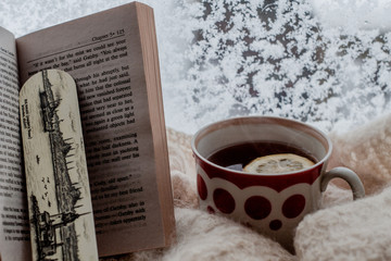 Warm cup of tea with book near the window