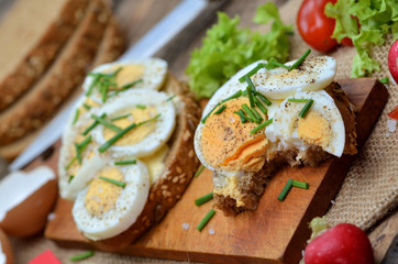 Wholegrain bread with butter, hard-boiled eggs, fresh radishes, tomatoes, salad and cucumbers in background