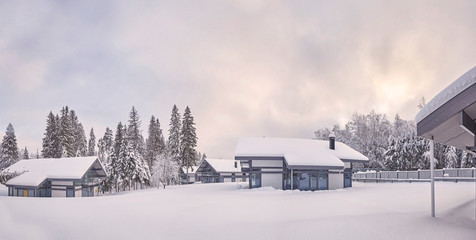 Fototapeta na wymiar Wooden Finnish house in winter forest covered with snow
