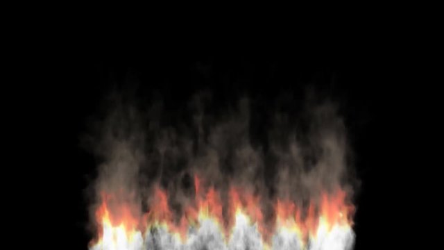 Animated burning large camp fire or large torch with six flames as if burning flammable fuel or material emitting dark and polluted or toxic smoke. Black background, mask included.