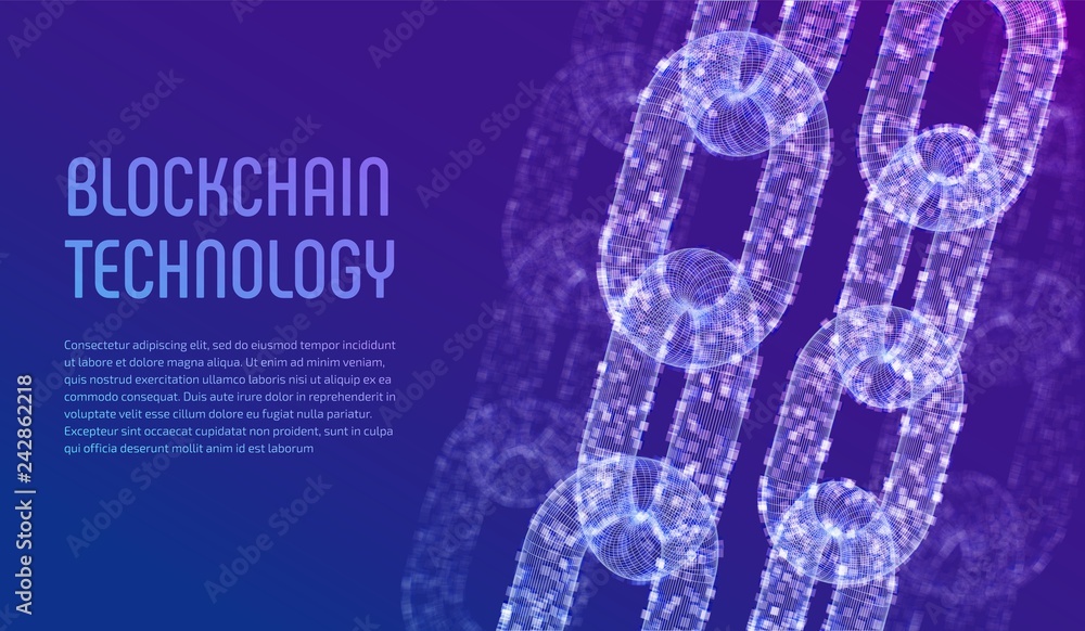Poster Blockchain. Cryptocurrency. Block chain concept. 3D wireframe chain with digital blocks. Editable template. Stock vector illustration.