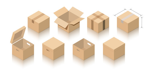 Fototapeta premium Set of miniature 3D boxes in closed and open versions of light brown cardboard. Images on a white background with a mirror shadow for icons, advertising, banners, filling sites. Isometric style.