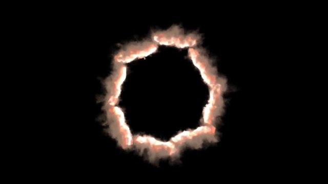 Animated top view of a ring of fire formed by burning eight separate thick lines as if burning flammable fuel or material in narrow container. 2 Black background, mask included.